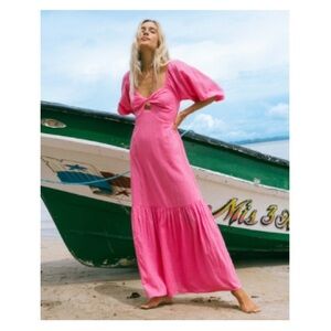 Billabong Vibrant Pink Maxi Dress with Puff Sleeves